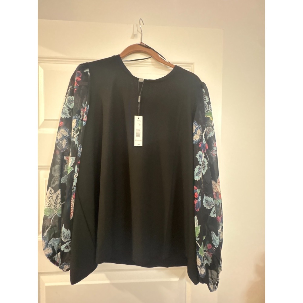 Tahari Shirt Womens 1X Black Plus Size Chiffon Sheer Floral Sleeve Top Blouse